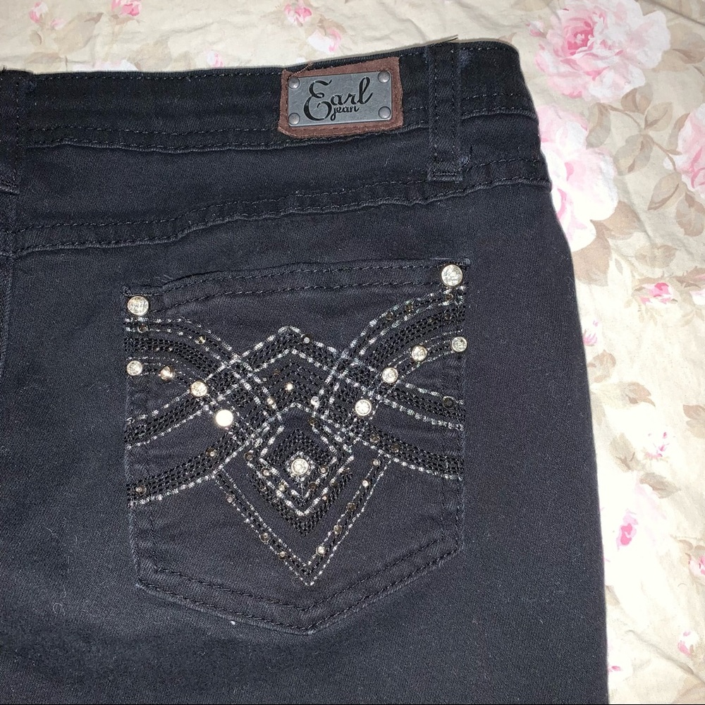 Earl Jeans Embellished Rhinestone Bling Pocket Black Jeans Size 10 Short